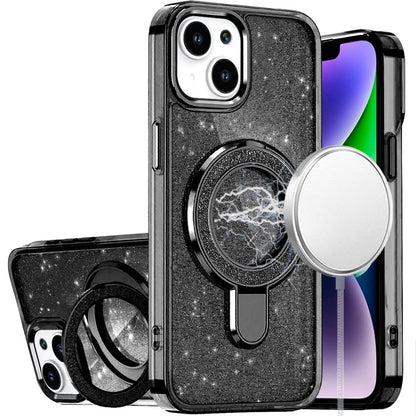 For iPhone 15 (6.1") Transparent Glitter Bling Case with Rotating Magnetic Ring Stand, Shockproof Hybrid Case Cover Cosmic Orange