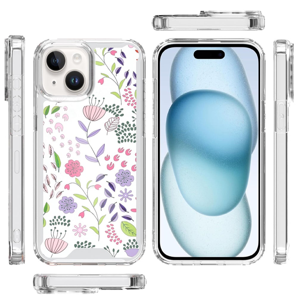 Phone Case for Apple iPhone 15 Beautiful Fashion Design TPU Shockproof Hybrid Rubber PC Slim Lightweight Protective Stylish Pattern Cover Purple and Green Wildflowers
