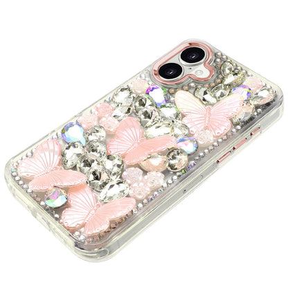 Phone Case for Apple iPhone 17 Luxury 3D Floral Butterfly Bling Rhinestone Glitter Shockproof Stylish Protective Hybrid Designer Metallic Cover Pink