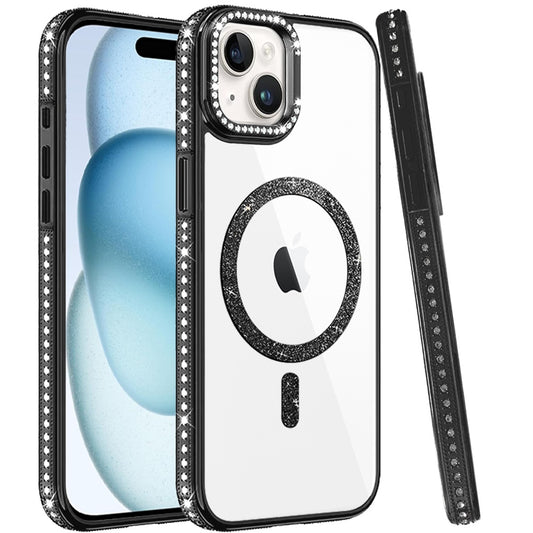 Phone Case for Apple iPhone 15 Luxury Diamond Bling Edged Magnetic Glitter Shockproof Hybrid with Camera Kickstand Durable Grip Cover