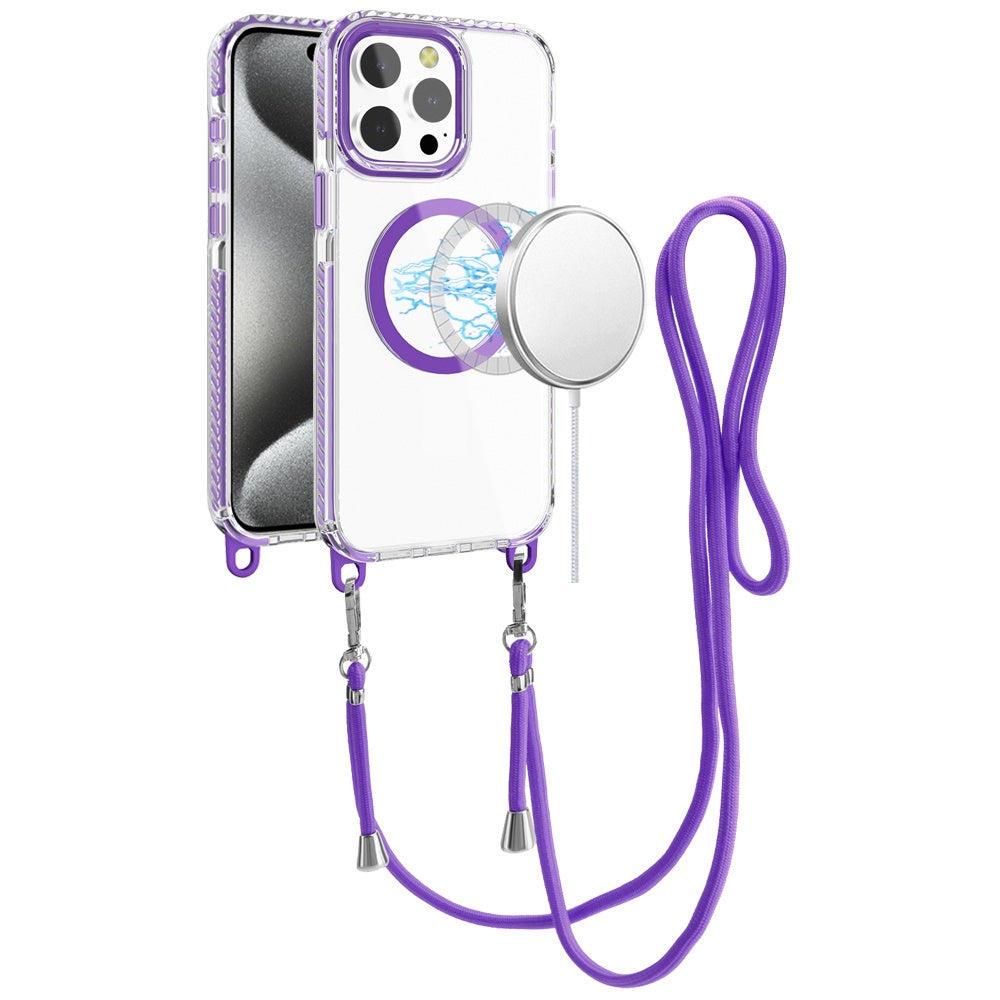 For Apple iPhone 13 Pro Max Clear Magnetic Frame PC Back Shockproof Protective Case with Detachable Lanyard Strap, Compatible with MagSafe Case Cover