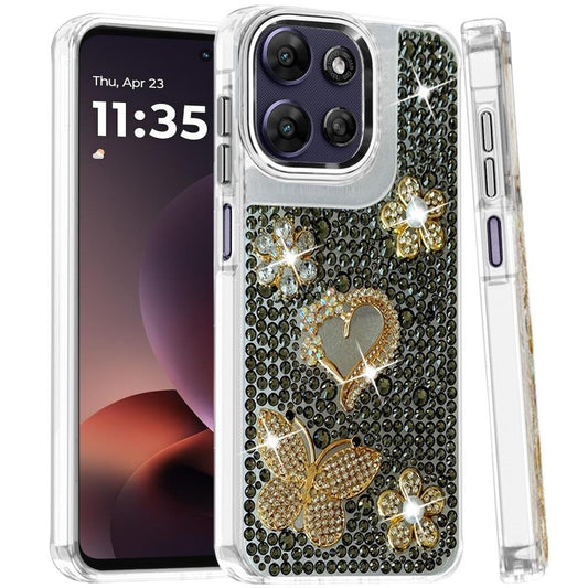 Phone Case for Moto G Power 5G (2026/2025) Luxury Crystal Butterfly Floral Jeweled Heart Full Diamond Design, Sparkling Decorative Details, Elegant Style Cover Black