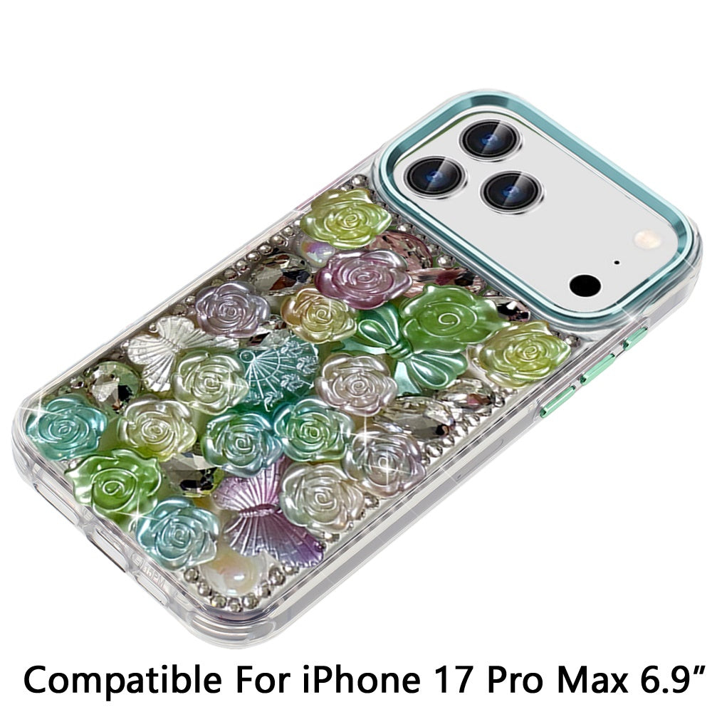 For Apple iPhone 17 Pro Max (6.9") Muti-Color Floral Fashion Bling Crystal 3D Full Diamonds Stones Sparkle Rhinestone Glitter Hybrid Case Cover