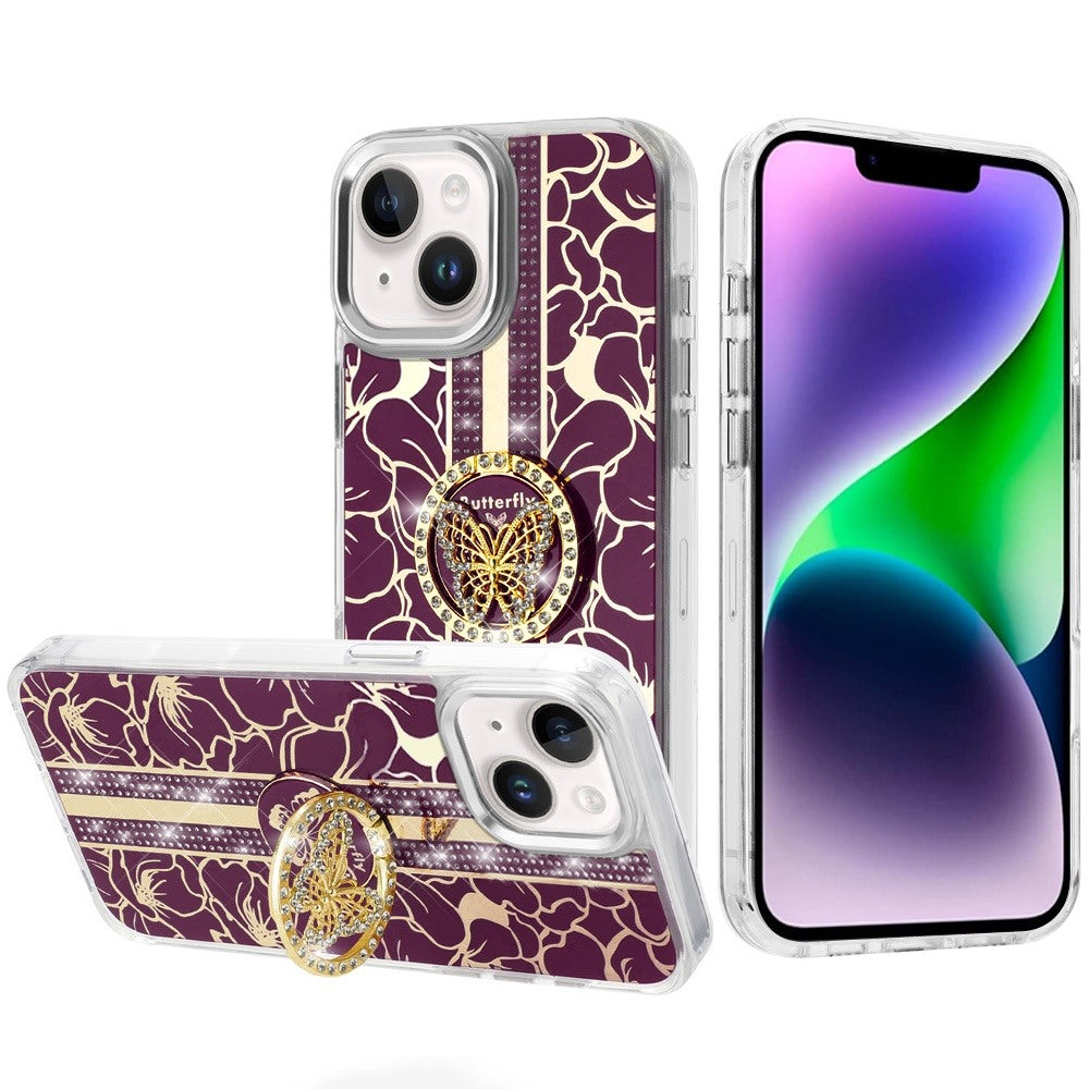 Phone Case for Apple iPhone 14 Floral Butterfly Ring Stand Glitter Bling Shockproof Hybrid Luxury Fashion Protective Anti Slip Durable Grip Cover Purple