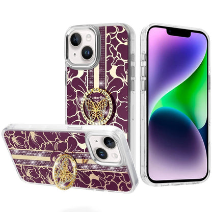Phone Case for Apple iPhone 14 Floral Butterfly Ring Stand Glitter Bling Shockproof Hybrid Luxury Fashion Protective Anti Slip Durable Grip Cover Purple