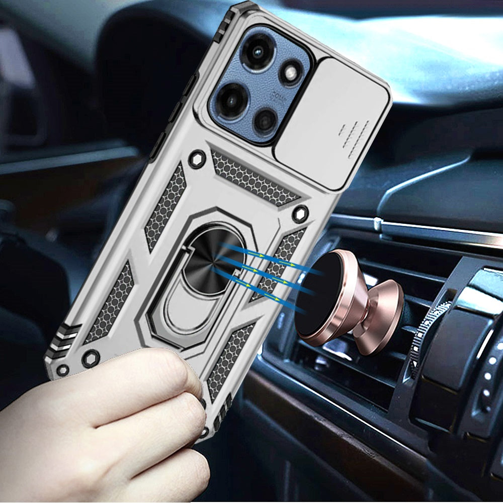 For Motorola Moto G 5G 2025 Hybrid Ring Shockproof with 360° Rotate Ring Kickstand, Camera Lens Protection, Soft Edge Bumper Case Cover Silver