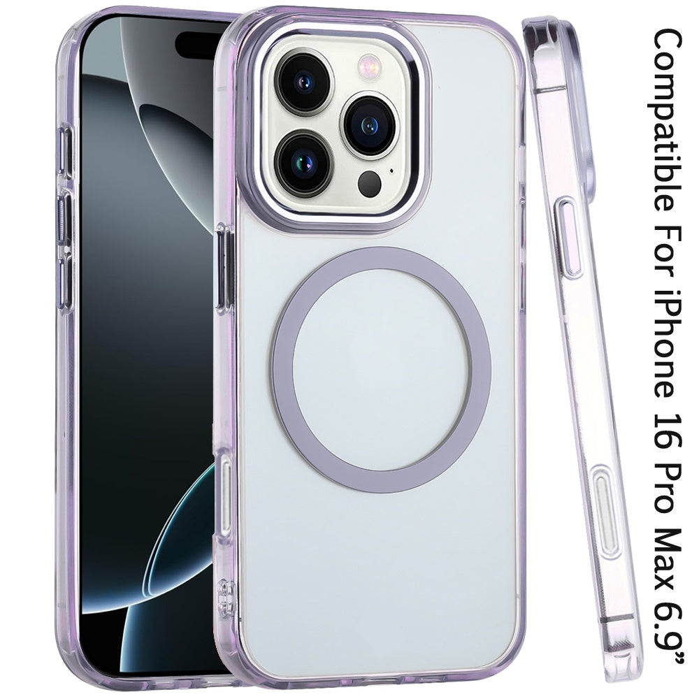 For iPhone 16 Pro Max (6.9") Transparent Back Hybrid Case - Magnetic Circle, Color Frame, Metal Buttons, MagSafe Compatible Protector
