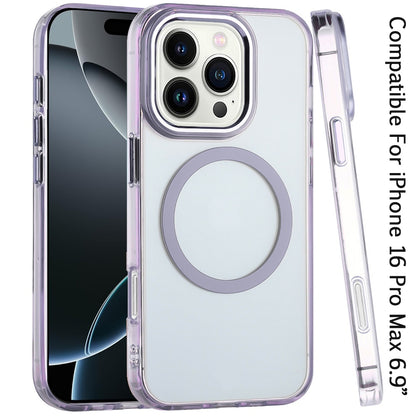 For iPhone 16 Pro Max (6.9") Transparent Back Hybrid Case - Magnetic Circle, Color Frame, Metal Buttons, MagSafe Compatible Protector