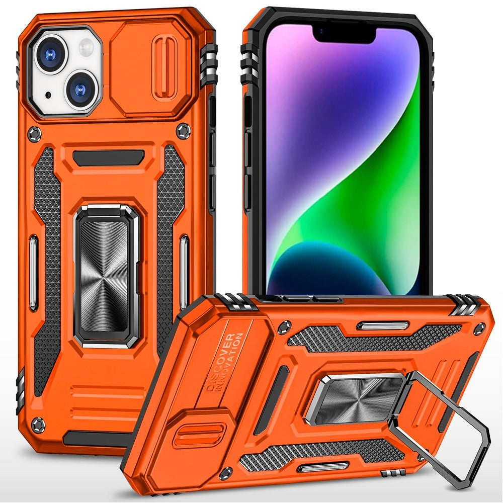 For iPhone 14/13 (6.1") Tough Hybrid Case with Movable Camera Window & Metal Ring Stand Shockproof Case Cover Cosmic Orange