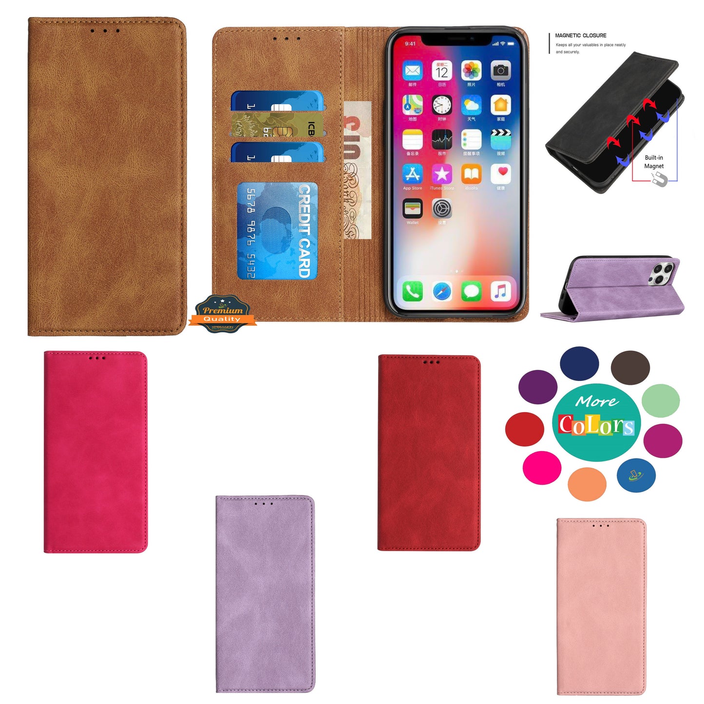 For Apple iPhone 16 Pro Max (6.9") PU Leather Pouch Flip Folio Wallet ID Credit Card Slots Money Holder with Magnetic Closure & Kickstand Case Cover