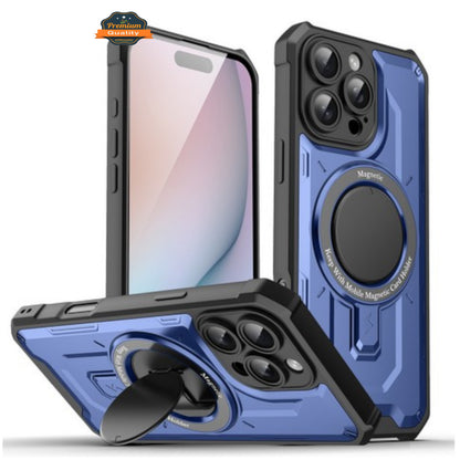 For Apple iPhone 16 (6.1") Hybrid Tuff Case with Folding Stand Magnetic Holder Compatible with MagSafe [Military Shockproof] Case Cover