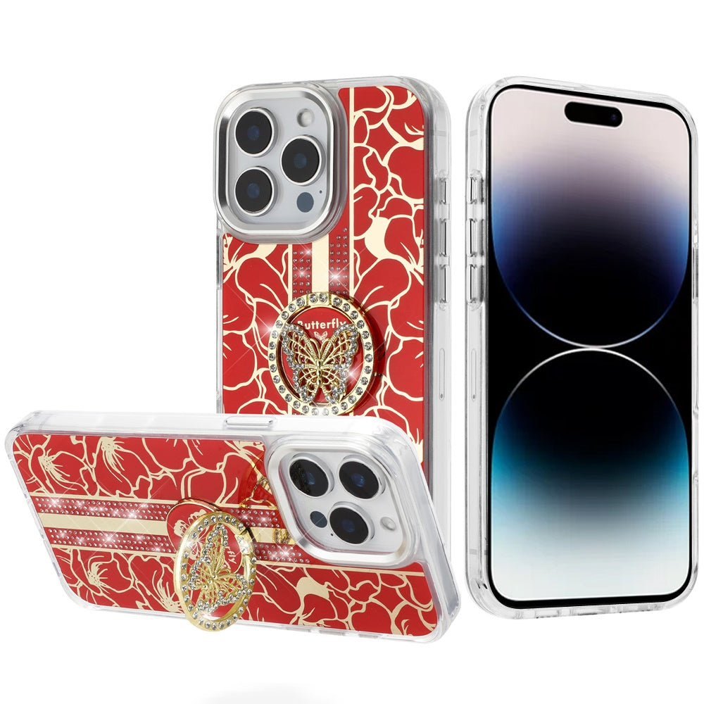 For Samsung Galaxy A17 5G Diamonds 3D Butterfly Floral Design Bling Sparkly Glitter Hybrid Metal Fashion with Ring Stand Case Cover