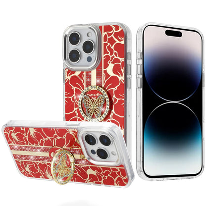 For Samsung Galaxy A37 Diamonds 3D Butterfly Floral Design Bling Sparkly Glitter Hybrid Metal Fashion with Ring Stand Case Cover