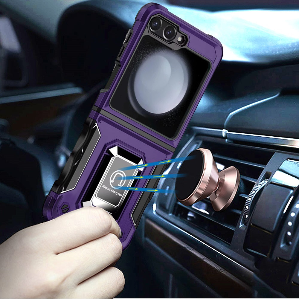 For Samsung Galaxy Z Flip 7 FE Hybrid Stand Magnetic Ring Holder Kickstand Heavy Duty Rugged Drop Silicone & Hard PC Shockproof Case Cover Purple
