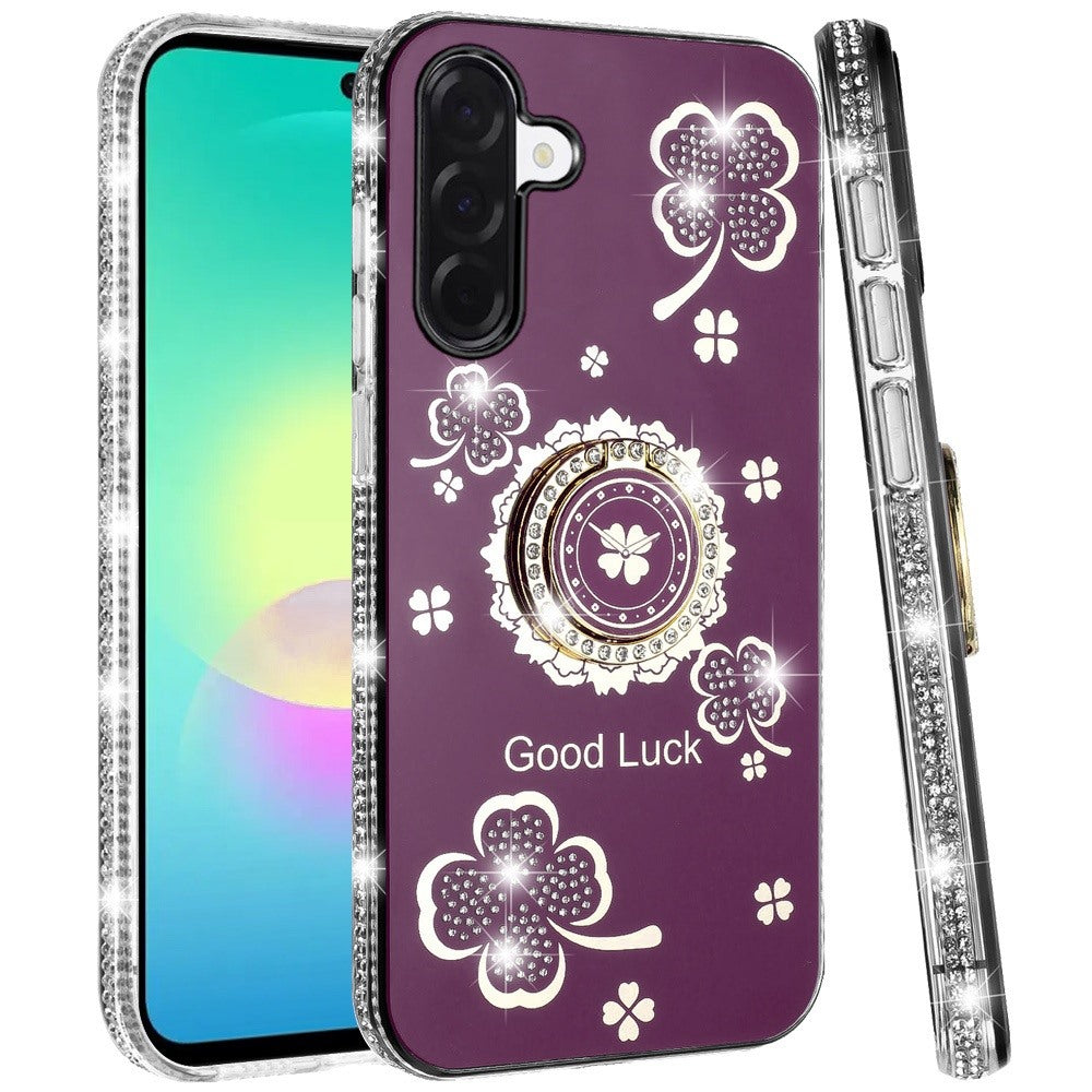 Phone Case for Samsung Galaxy A27 Glitter Diamond Ring Stand Sparkle Rhinestone Edge AntiSlip Kickstand Luxury Fashion Bumper Shockproof Cover Purple