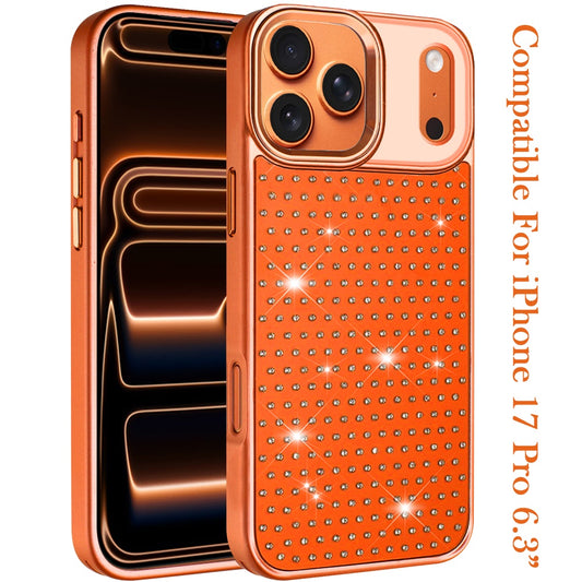 Phone Case for Apple iPhone 17 Pro Luxury Diamond Bling Sparkle Chrome Metallic Edge Shockproof Durable Protective Stylish Premium Hybrid Design Cover Cosmic Orange