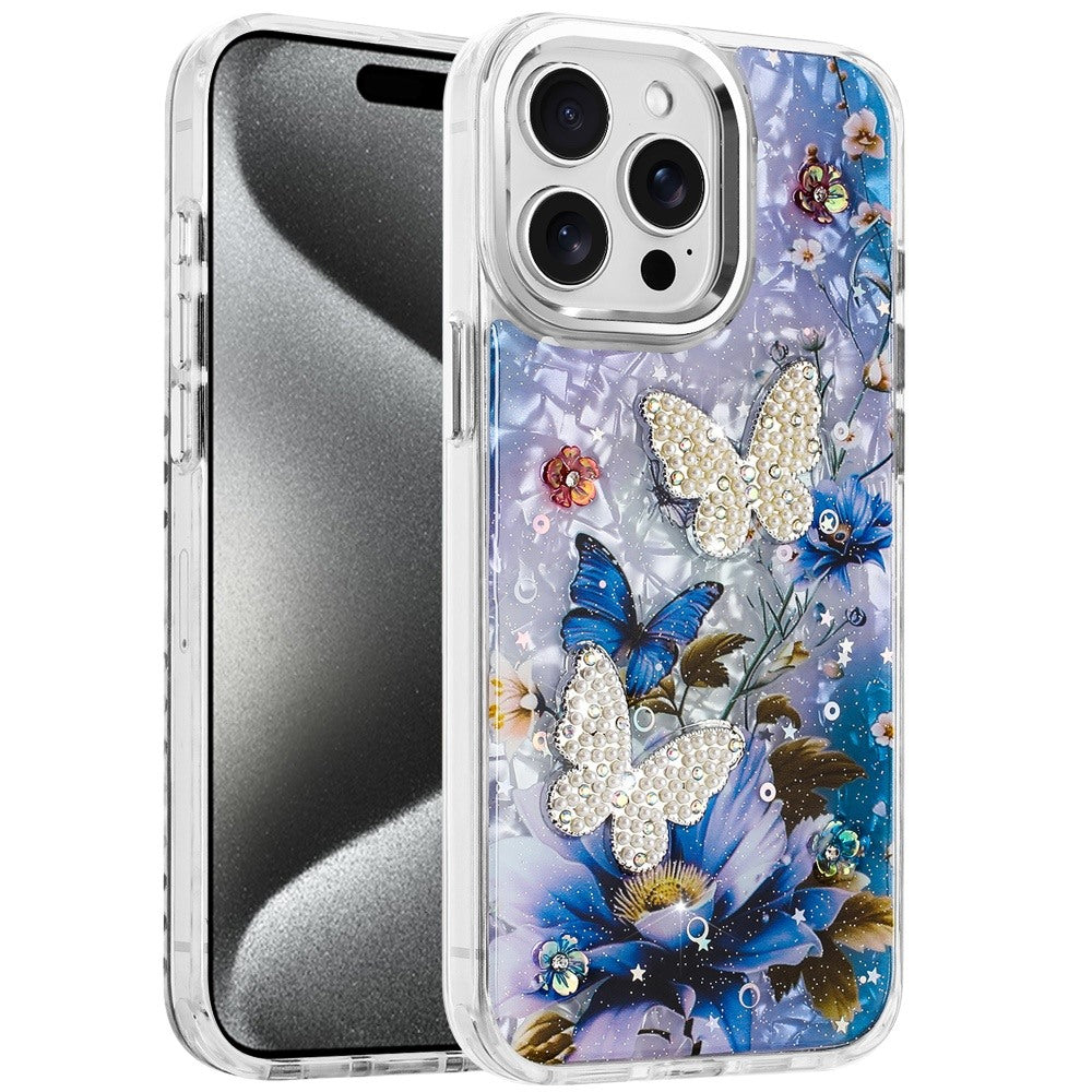 For Apple iPhone 13 Pro Max Epoxy Glitter Flowers Bling 3D Butterfly Fashion TPU Hybrid with Shockproof Protection Case Cover