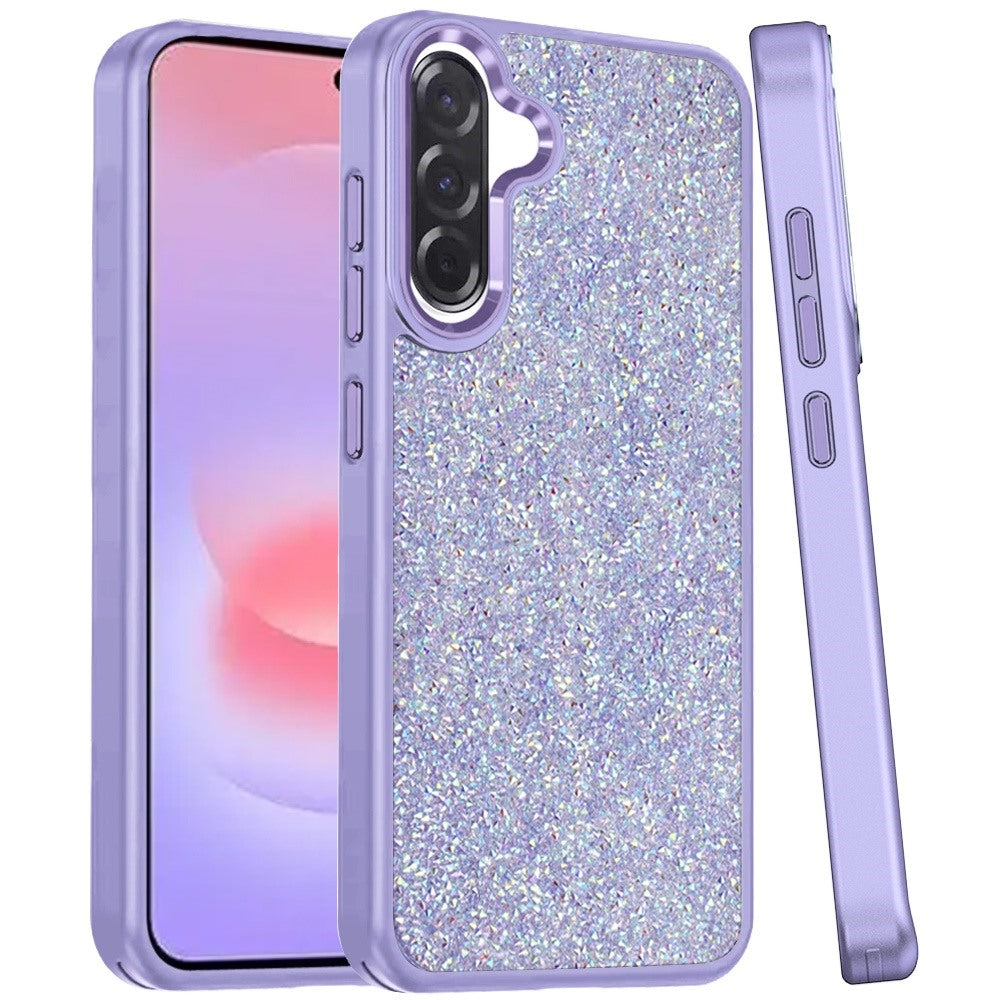 Phone Case for Galaxy A37 Crystal Glass Bling Diamond Metallic Edge Shockproof Durable Protective Clear Hybrid Stylish Premium Design Cover