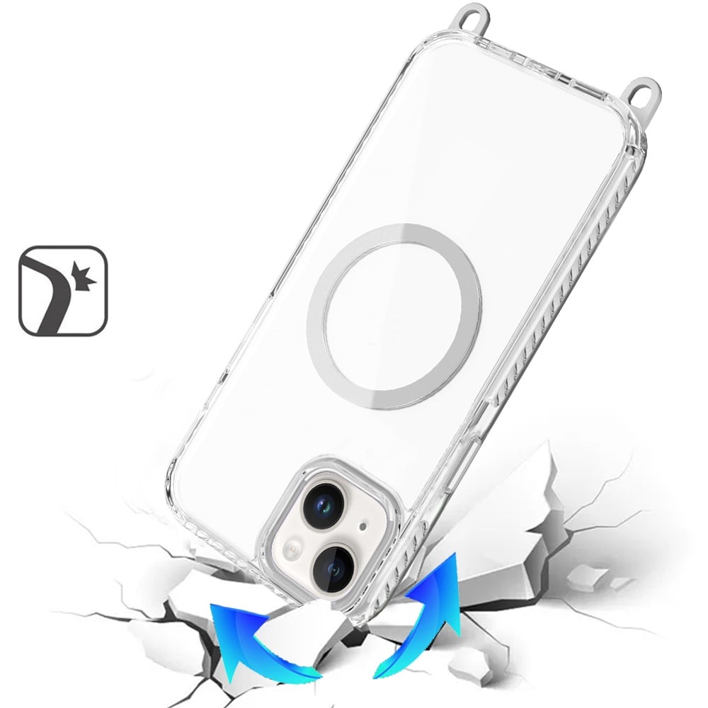 For iPhone 14/13 (6.1") Clear Magnetic Frame PC Back Shockproof Protective Case with Detachable Lanyard Strap, Compatible with MagSafe Case Cover White