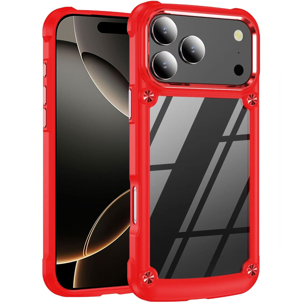 For Apple iPhone 17 Pro Max Hybrid Transparent Rubber with Metal Buttons & Camera Edges Hard TPU Corner Frame Bumper Case Cover
