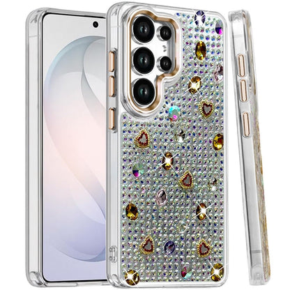 Phone Case for Samsung Galaxy S26 Ultra Chrome Fashion Hybrid Bling Diamond Heart Rhinestone Decorative Stones Sparkling Embellished Design Cover