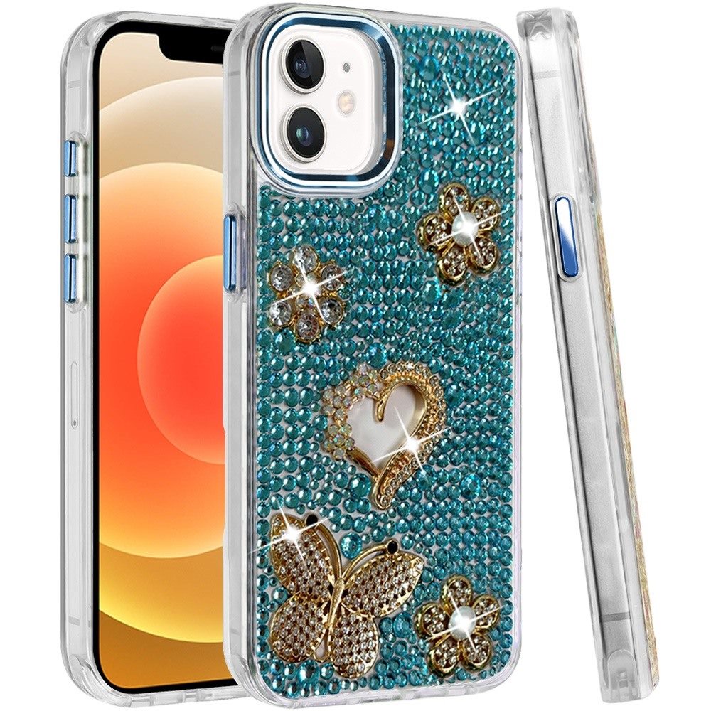 Phone Case for Apple iPhone 12 /12 Pro Luxury Crystal Butterfly Floral Jeweled Heart Full Diamond Design, Sparkling Decorative Details, Elegant Style Cover