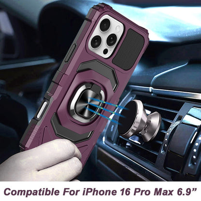 Phone Case for iPhone 16 Pro Max Rugged Hybrid Dual Layer Magnetic Ring Stand Armor Shock Absorbing Heavy Duty TPU Reinforced Bumper Cover Purple