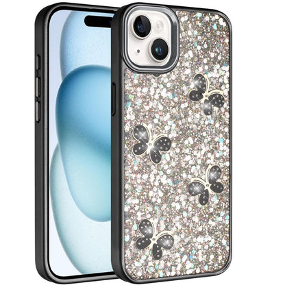 For iPhone 15 (6.1") Cute Butterfly Crystal Diamond Glitter Case Sparkle Bling Frame Metallic Edges, Shimmer TPU Hybrid Case Cover