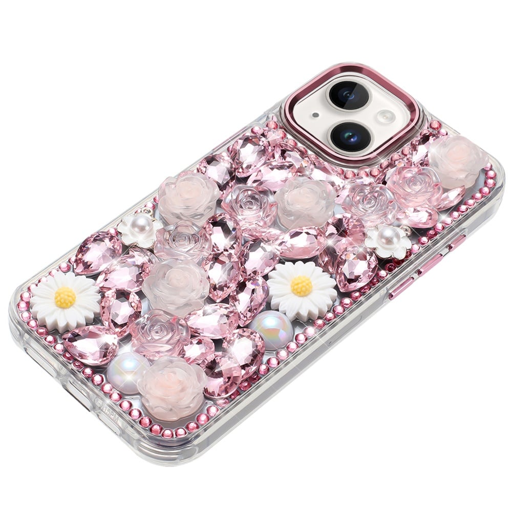 Phone Case for iPhone 15 Plus (6.7") Full Bling Rhinestone Glitter Floral Luxury Hybrid Shockproof Stylish Sparkling Protective Designer Ornament Cover