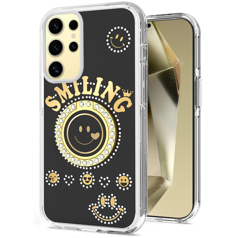 For Samsung Galaxy S25 /S24 Smiling Glitter Ornament Bling Sparkle with Ring Stand Hybrid Slim TPU + Hard Back Shell Case Cover