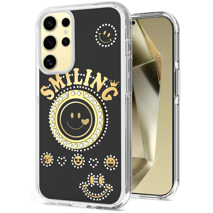 For Samsung Galaxy S25 /S24 Smiling Glitter Ornament Bling Sparkle with Ring Stand Hybrid Slim TPU + Hard Back Shell Case Cover