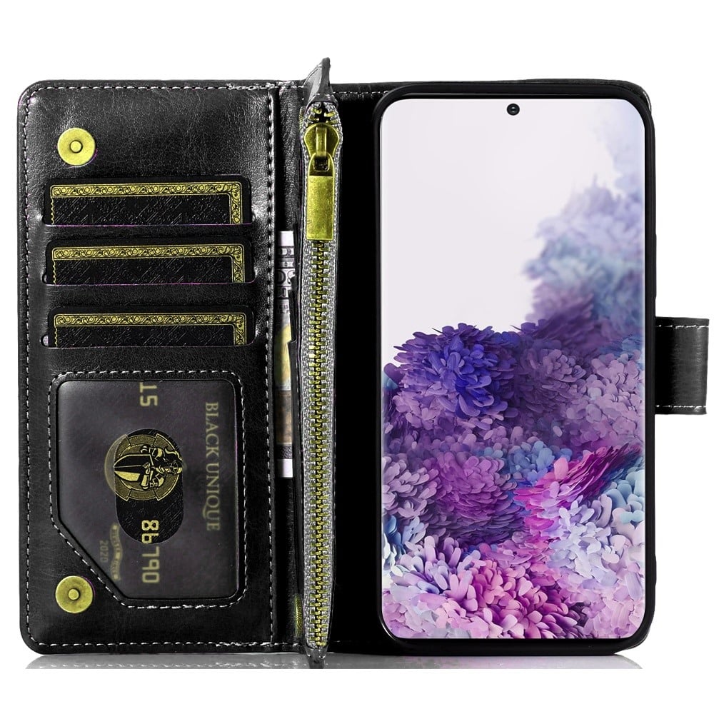 Phone Case for Galaxy S20+ Plus Luxury Leather Wallet Card Holder Zipper Pocket Money Storage Protective Grip Design with Strap Cover Black