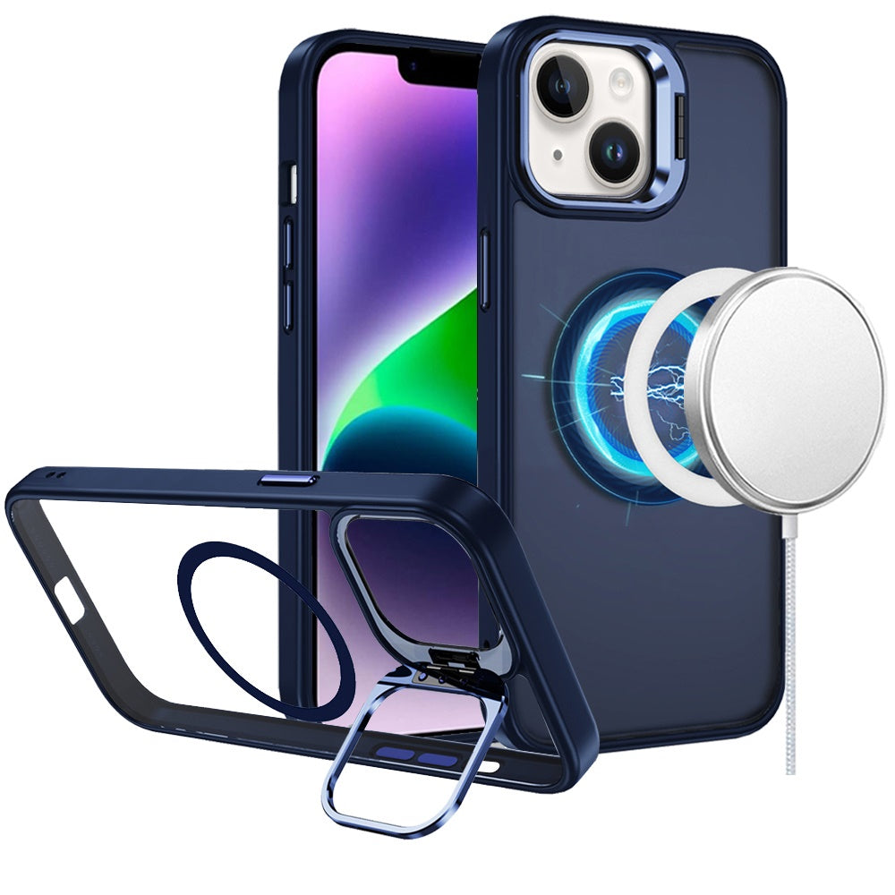 For Apple iPhone 15 Heavy Duty Metallic Hybrid Tough TPU with Camera Ring Stand, MagSafe Compatible, Rugged Drop Protection Case Cover