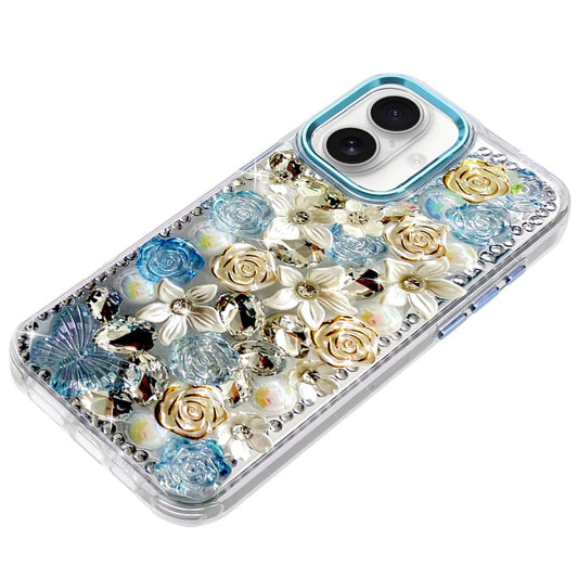 Phone Case for Apple iPhone 17 Luxury Rose Bling Rhinestone Glitter Floral Hybrid Shockproof Stylish Protective Designer Ornament Sparkle Cover Blue