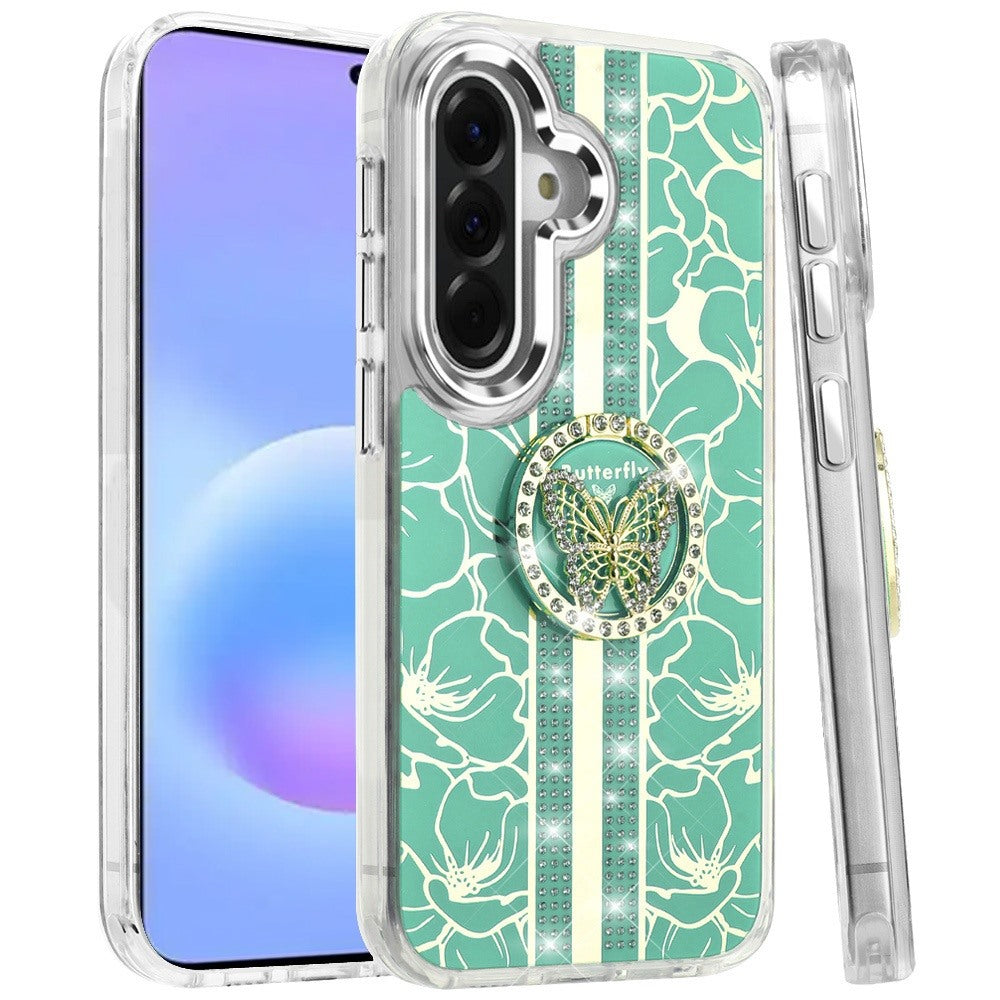Phone Case for Samsung Galaxy A57 Floral Butterfly Ring Stand Glitter Bling Shockproof Hybrid Luxury Fashion Protective Anti Slip Durable Grip Cover