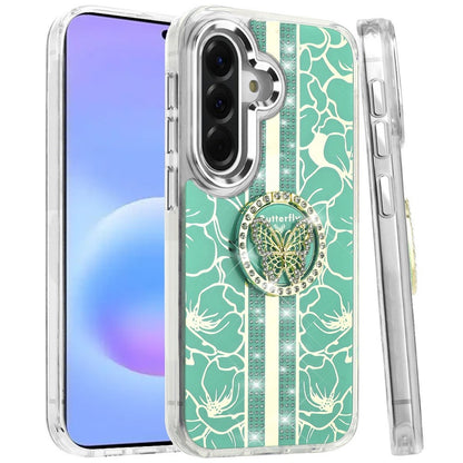 Phone Case for Samsung Galaxy A57 Floral Butterfly Ring Stand Glitter Bling Shockproof Hybrid Luxury Fashion Protective Anti Slip Durable Grip Cover