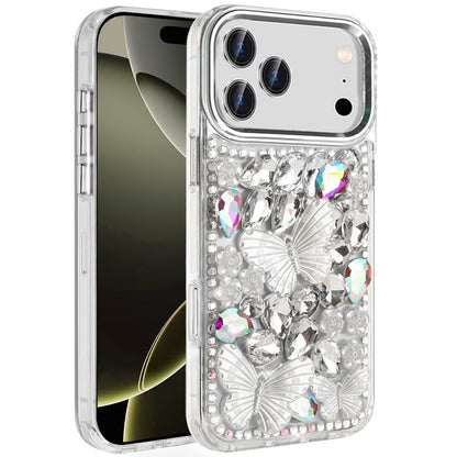 Phone Case for Apple iPhone 17 Pro Max Luxury 3D Floral Butterfly Bling Rhinestone Glitter Shockproof Stylish Protective Hybrid Designer Metallic Cover Silver