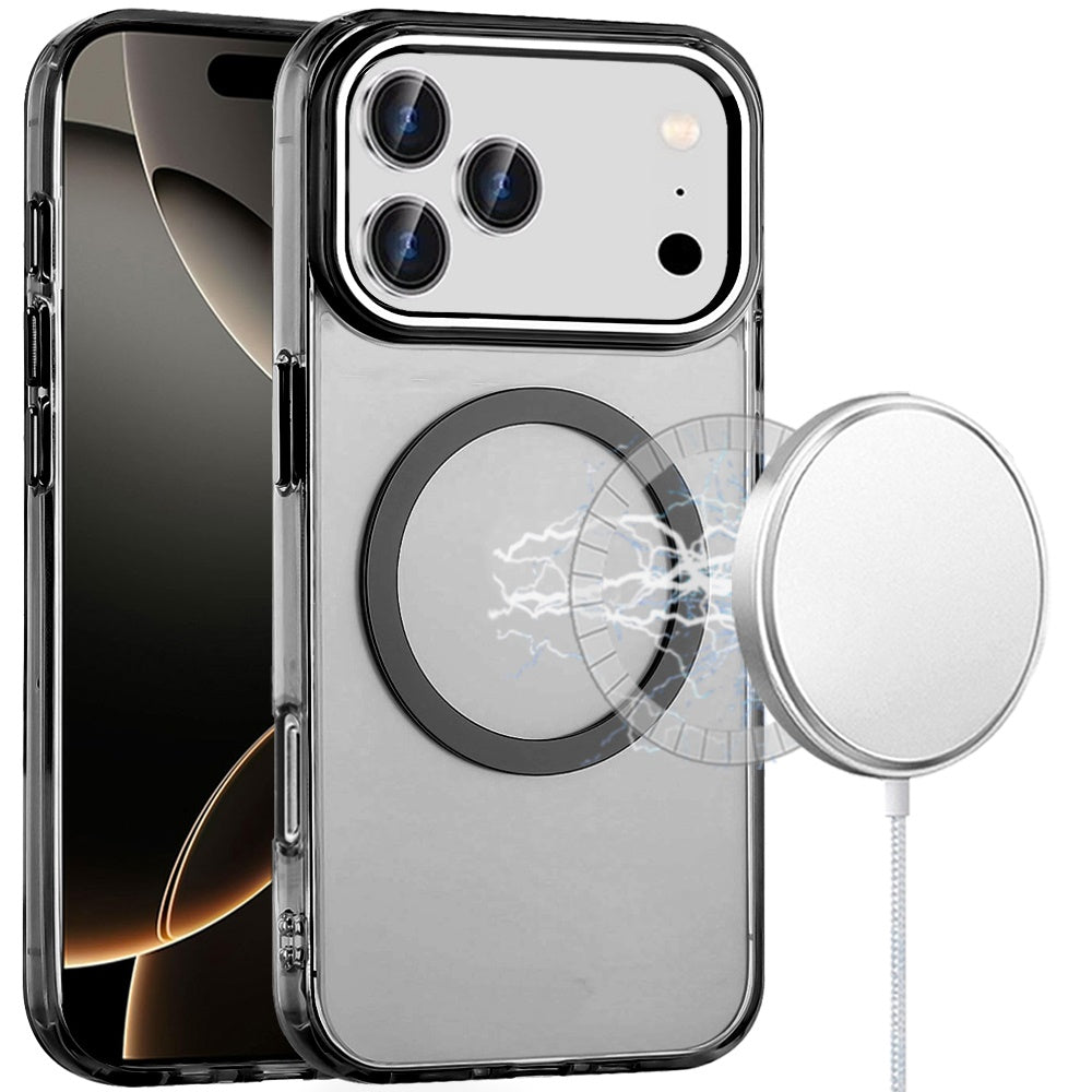 For Apple iPhone 17 Pro Max (6.9") Transparent Back Hybrid Case - Magnetic Circle, Color Frame, Metal Buttons, MagSafe Compatible Case Cover