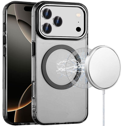 For Apple iPhone 17 Pro Max (6.9") Transparent Back Hybrid Case - Magnetic Circle, Color Frame, Metal Buttons, MagSafe Compatible Case Cover