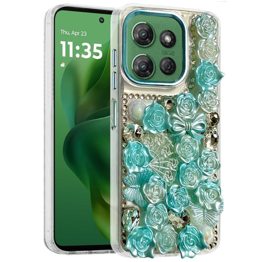 For Motorola Moto G Power 5G 2026 /2025 3D Diamond Floral Roses Flower Bling Stone Hybrid, Sparkly Rhinestone Gemstone Back Shockproof Case Cover