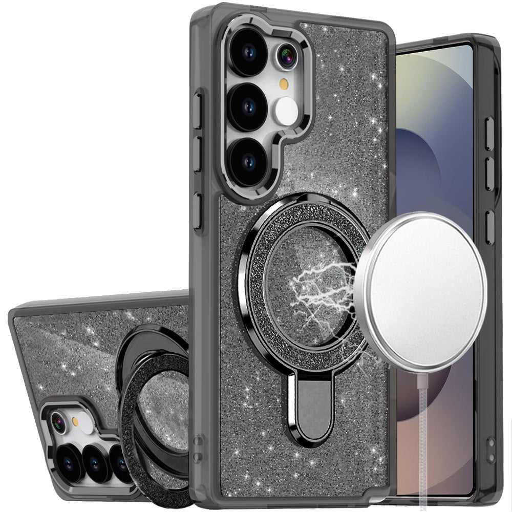 For Samsung Galaxy S26 Ultra Transparent Glitter Bling Case with Rotating Magnetic Ring Stand, Shockproof Hybrid Case Cover