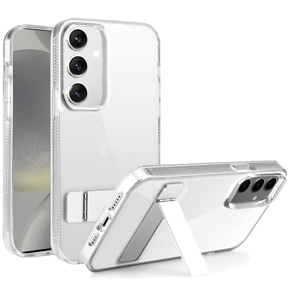 For Samsung Galaxy S25 /S24 Transparent with Sturdy Metal Kickstand Hybrid Dual Layer Tough Shock-Absorbent Slim Fit Hard PC + TPU Case Cover Clear