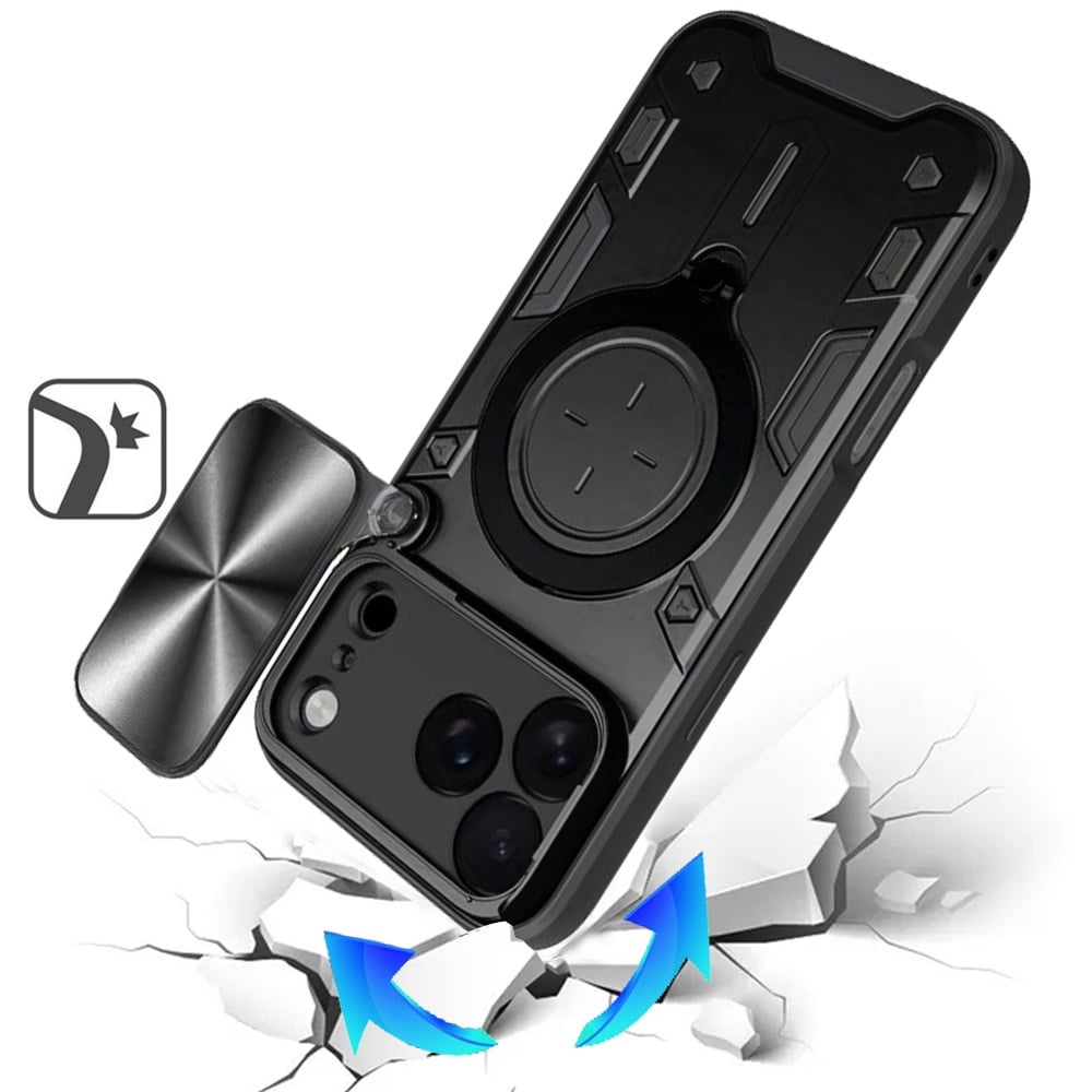 Phone Case for Apple iPhone 18 Pro Magnetic Ring Stand Shockproof Hybrid Full Camera Slide Guard Anti Slip Heavy Duty Protective Armor Cover Black