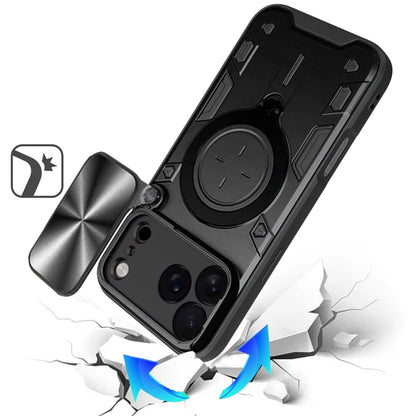 Phone Case for Apple iPhone 18 Pro Magnetic Ring Stand Shockproof Hybrid Full Camera Slide Guard Anti Slip Heavy Duty Protective Armor Cover Black