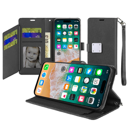 For Apple iPhone 16 Plus Wallet Cases PU Leather with Credit Card /ID /Cash Holder Slot Dual Flip Book Pouch, Stand and Strap Case Cover Black