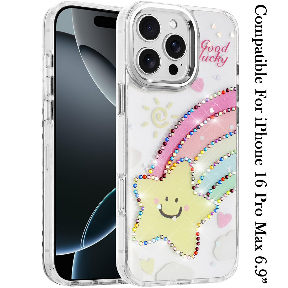 For iPhone 16 Pro Max (6.9") Butterfly Resin Epoxy Diamond Design Metal Edged Hybrid Shockproof Heavy Duty Drop Protection Protector
