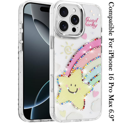 For iPhone 16 Pro Max (6.9") Butterfly Resin Epoxy Diamond Design Metal Edged Hybrid Shockproof Heavy Duty Drop Protection Protector