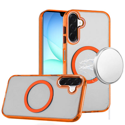 For Samsung Galaxy A16 5G Transparent Back Hybrid Case - Magnetic Circle, Color Frame, Metal Buttons, MagSafe Compatible Case Cover Cosmic Orange