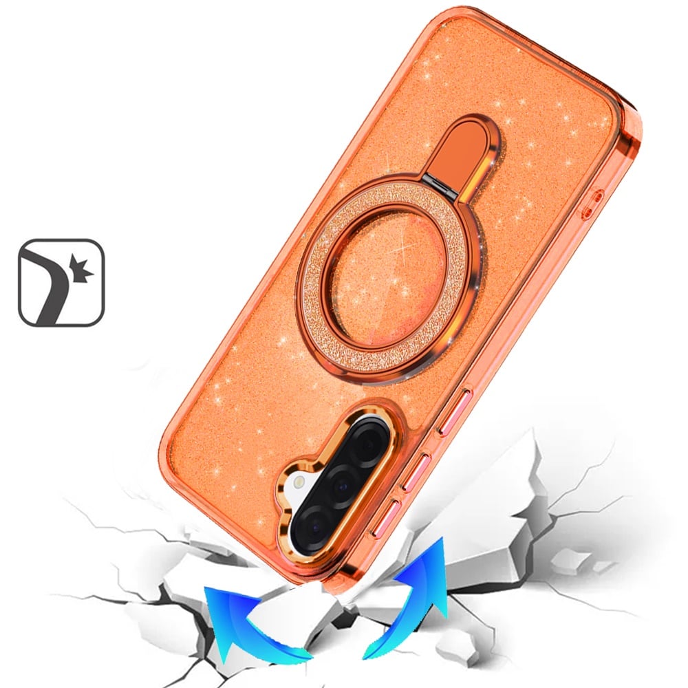Phone Case for Samsung Galaxy A27 Transparent Glitter Bling Magnetic Ring Stand Shockproof Anti Slip Rotating Grip Protective Hybrid Durable Armor Cover