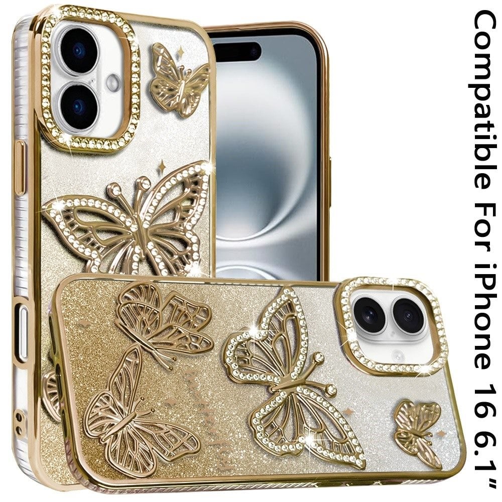 Phone Case for Apple iPhone 16 Butterfly Freedom Shimmer Glitter Thick TPU Shockproof Anti Slip Durable Protective Design Cover